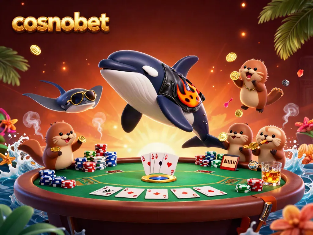 Cosmobet features a vibrant scene with an orca and sea otters enjoying casino games.
