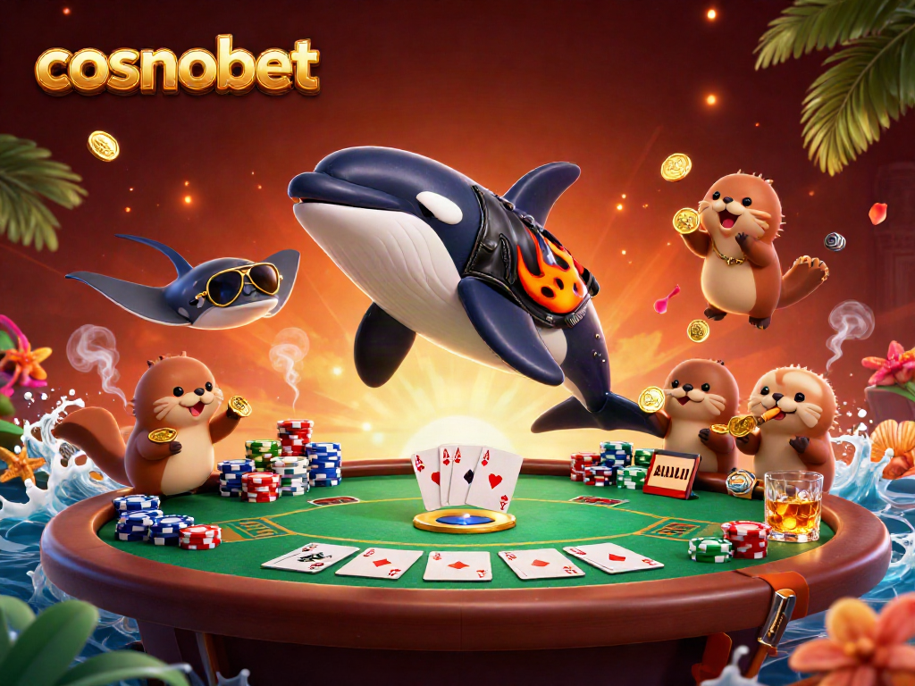 Cosmobet features a vibrant scene with an orca and sea otters enjoying casino games.