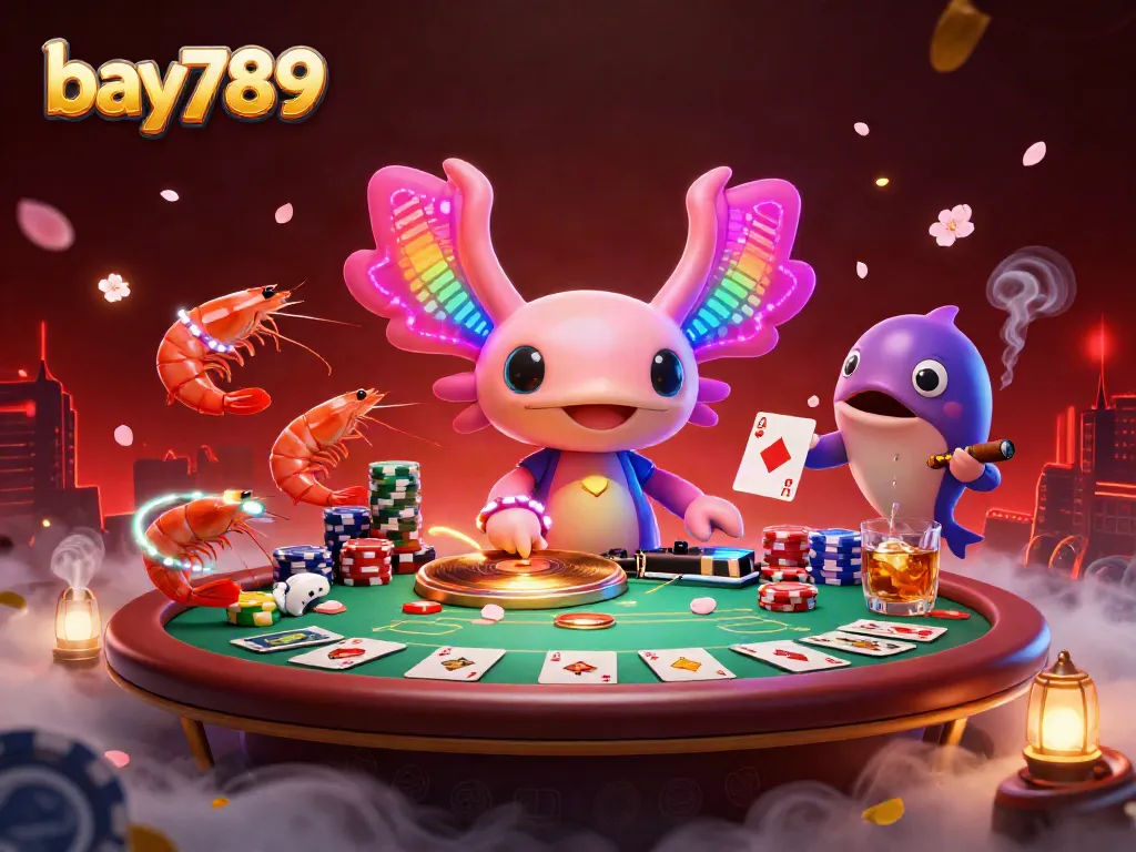 Experience the vibrant atmosphere of bay789 as neon-colored characters engage in thrilling poker action.