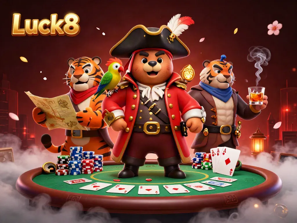 Luck8 pirates engage in a thrilling poker game with vibrant elements of gambling.