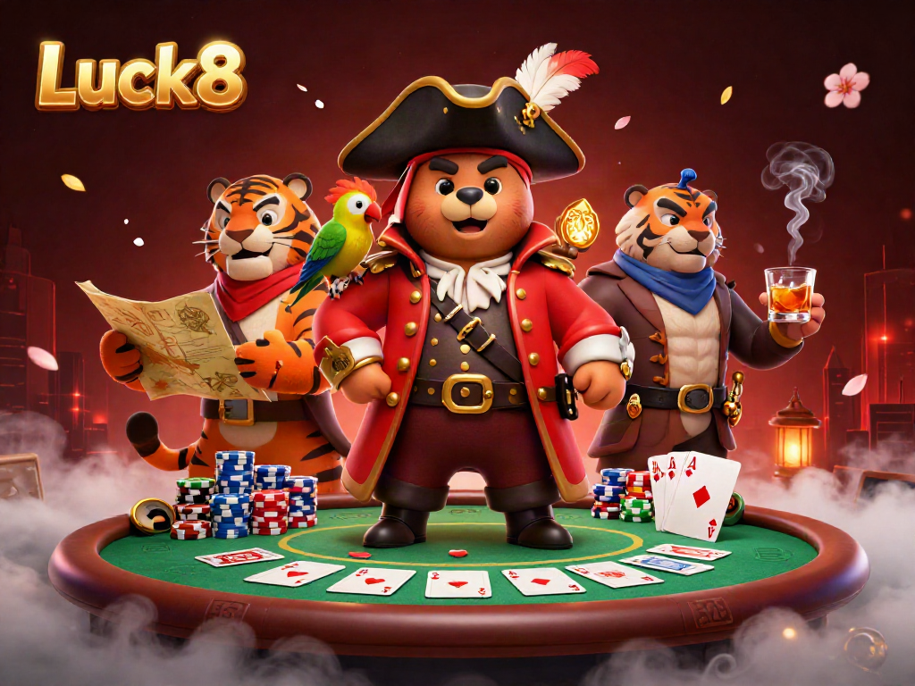 Luck8 pirates engage in a thrilling poker game with vibrant elements of gambling.