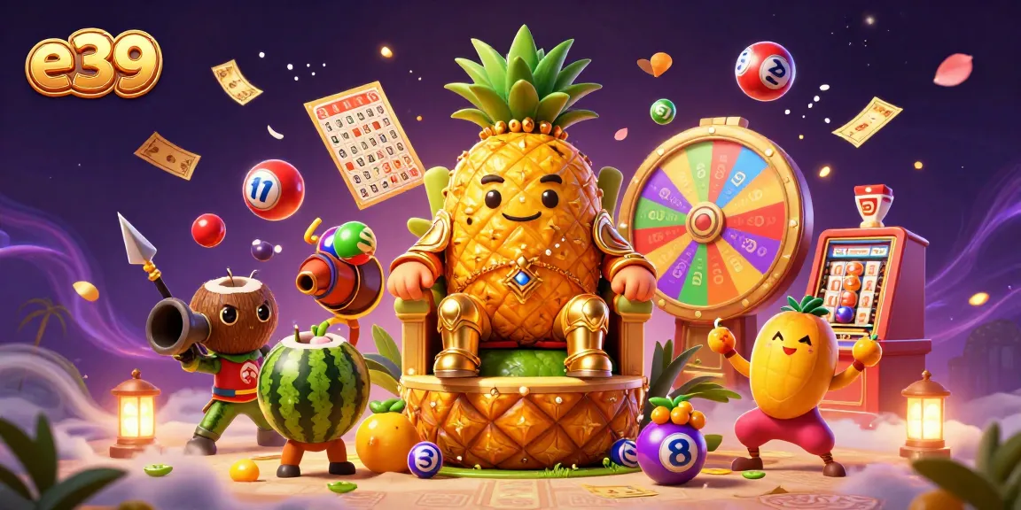 Experience the vibrant e39 casino scene with a golden pineapple king and dynamic gaming elements.