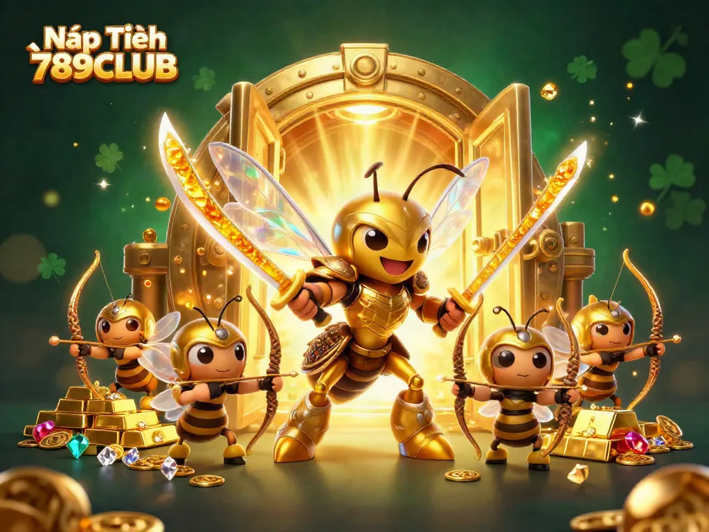 Nạp Tiền 789CLUB vivid illustration showcasing a golden hornet in samurai armor with bee archers in a casino treasure scene