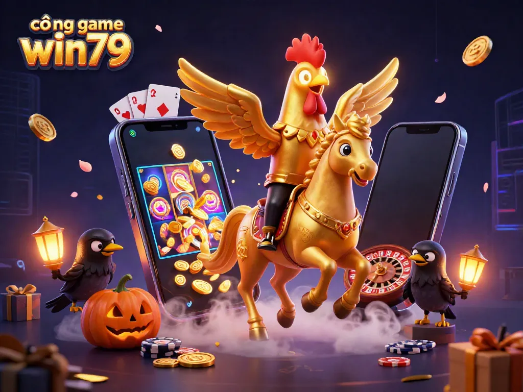 Experience thrilling action at cổng game win79 with dynamic 3D casino scene featuring colorful games and golden characters.