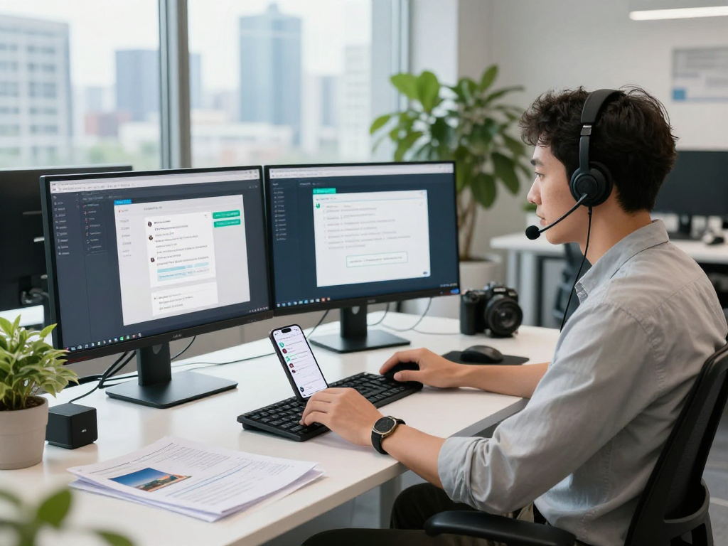 Efficient IT technician utilizing ToDesk for remote support in a modern workspace.