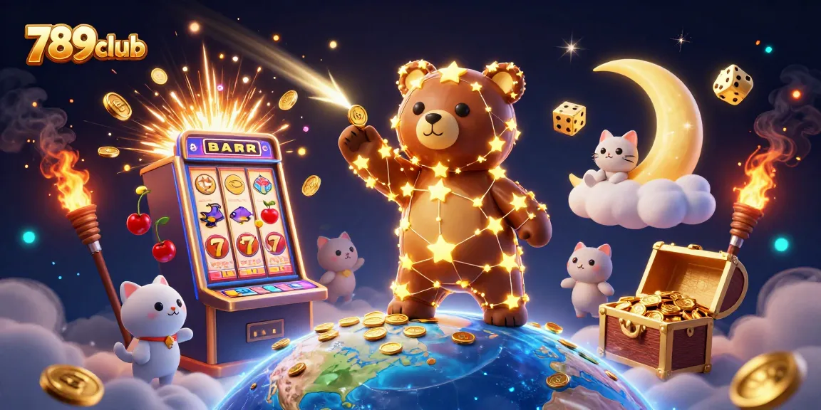Watch the 789club bear scoop up coins in a vibrant casino scene full of excitement.