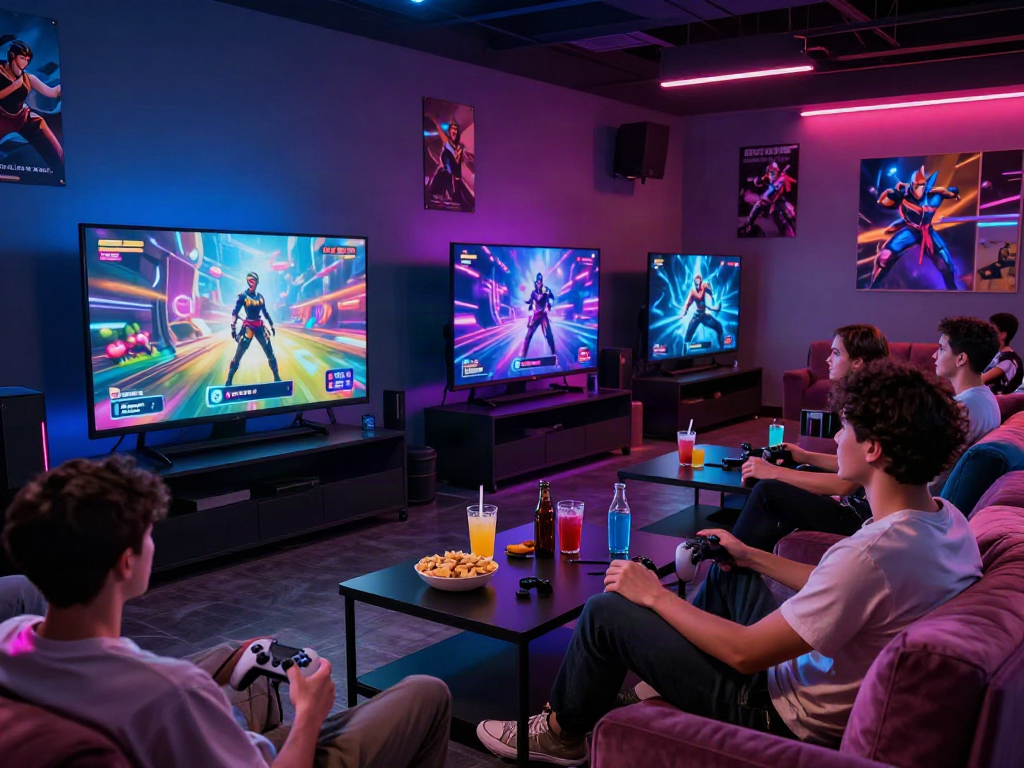 Engaged gamers enjoying an adult game together in a lively gaming lounge.