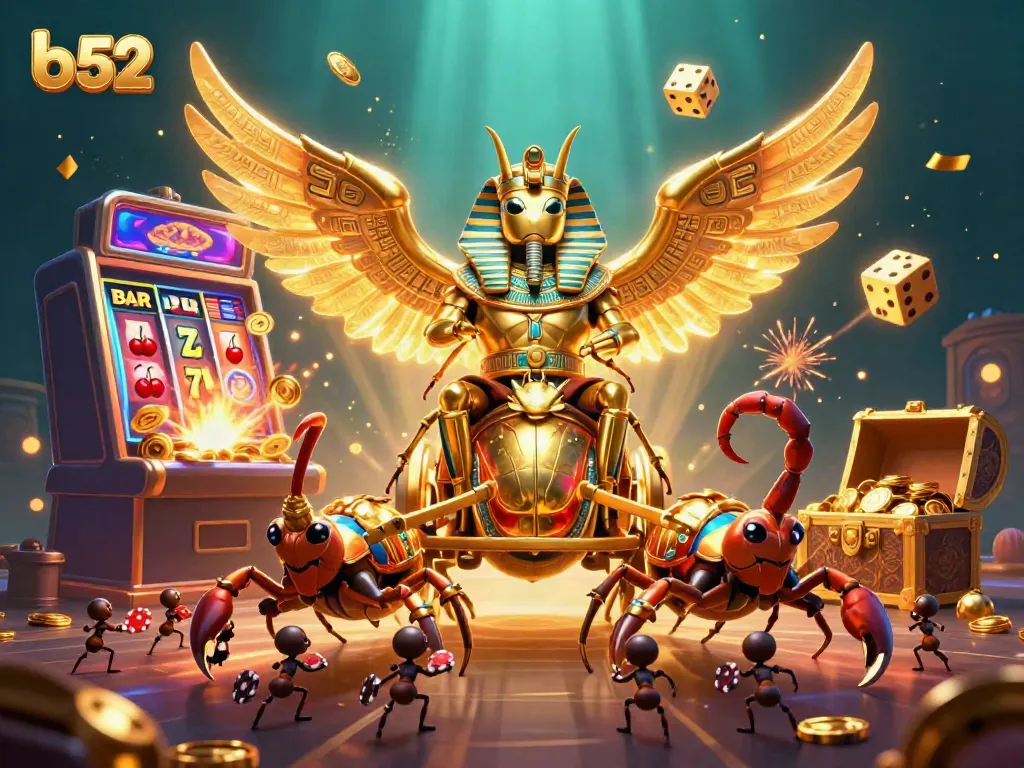 Play casino games at B52 with giant beetles and dazzling slot machines bursting with coins.