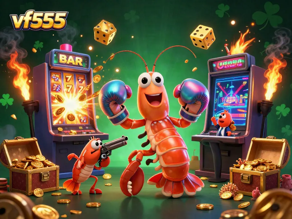 Experience the excitement of vf555 with cartoon sea creatures celebrating casino wins amidst gold coins and prizes.