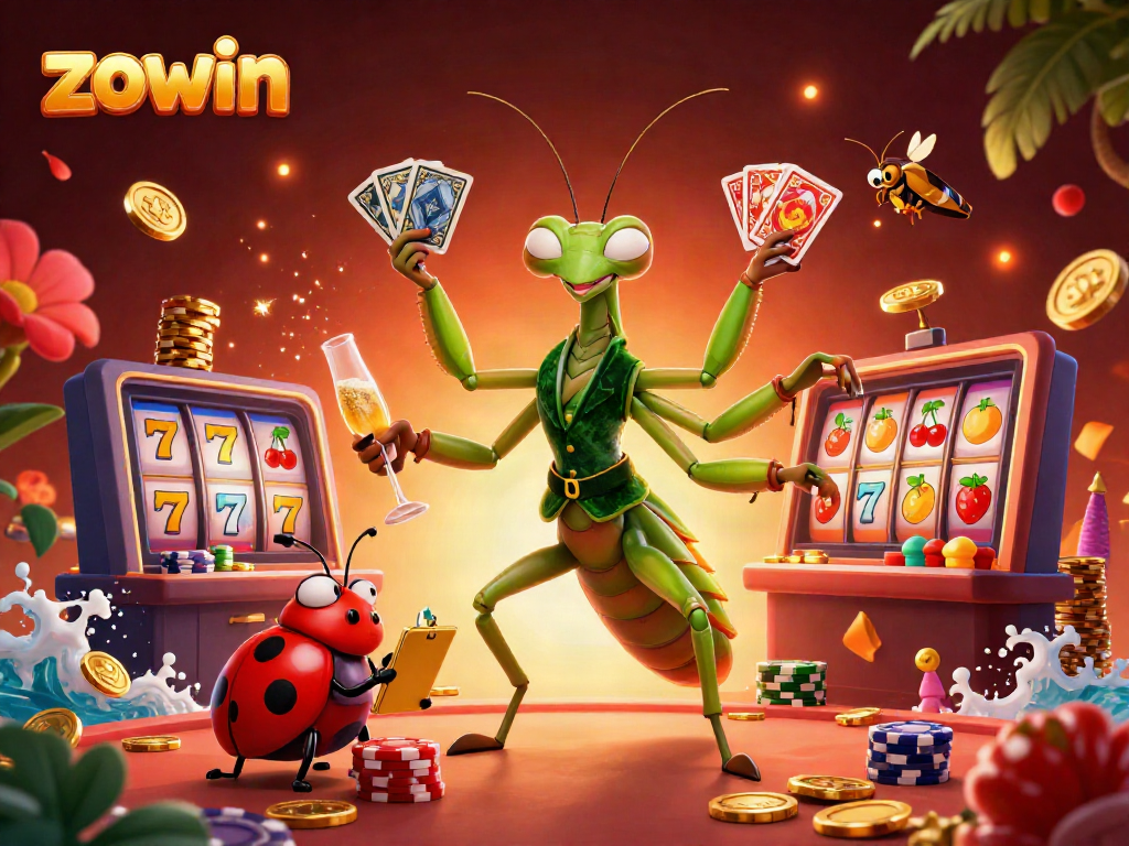 Join the lively casino scene with zowin characters showcasing card shuffling, chips, and celebratory champagne.