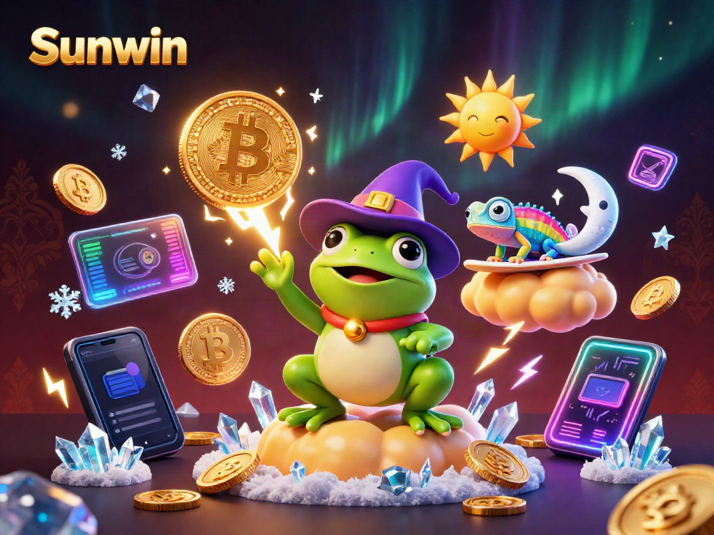 Experience excitement with Sunwin as a wizard frog conjures coins amidst vibrant gaming elements.