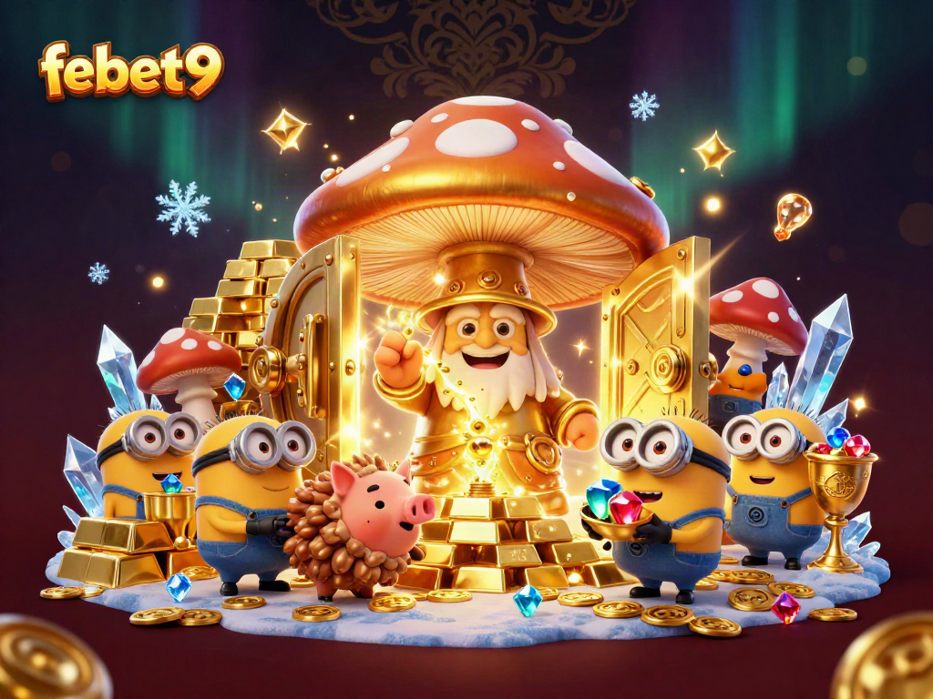 Spin and win at febet9 with a vibrant fantasy scene featuring a golden wizard and treasures galore.