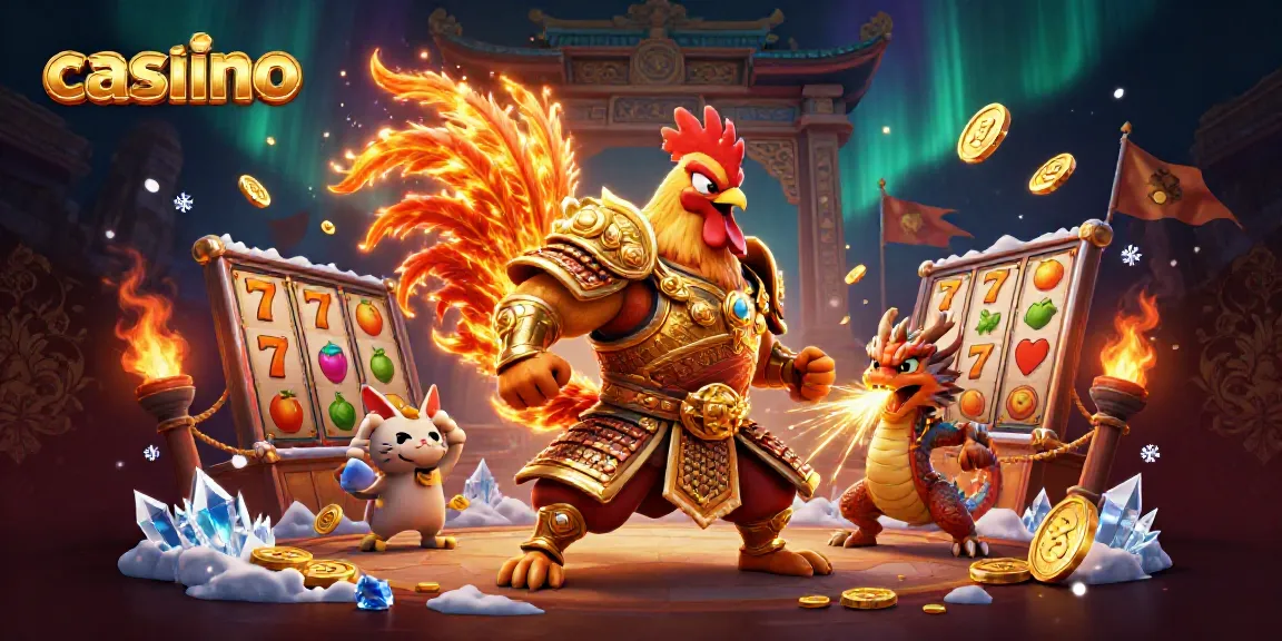 Experience vibrant casino action with a fighting rooster and dragon in dynamic battle.