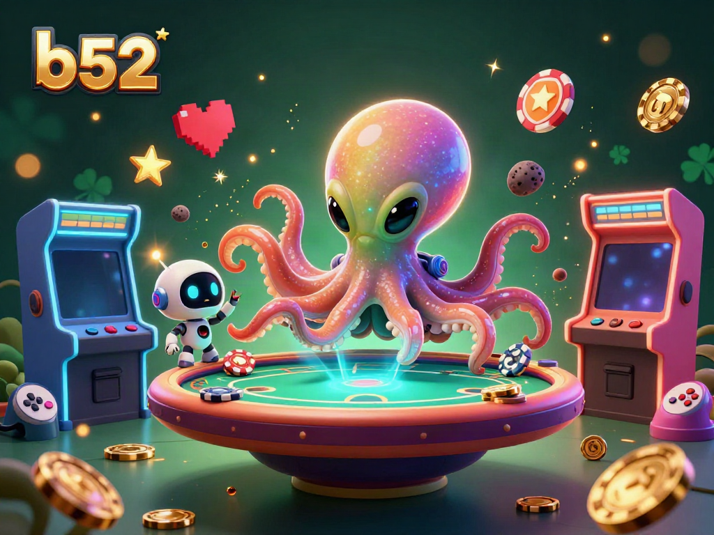 Engage in thrilling b52 gaming with a vibrant alien octopus at a holographic poker table