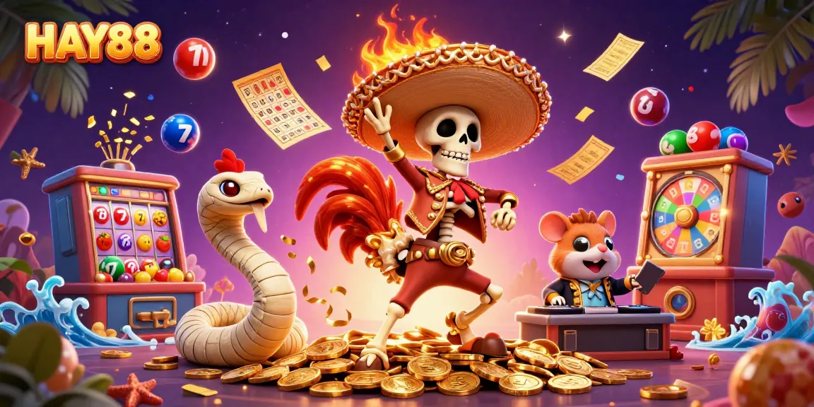 Experience the vibrant excitement of HAY88 with colorful symbols and lively characters in a dynamic casino scene.