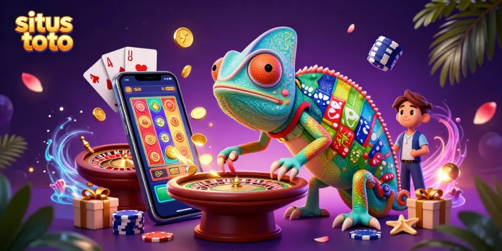 Engage with the vibrant world of situs toto featuring a colorful chameleon casino owner and dynamic gaming elements.