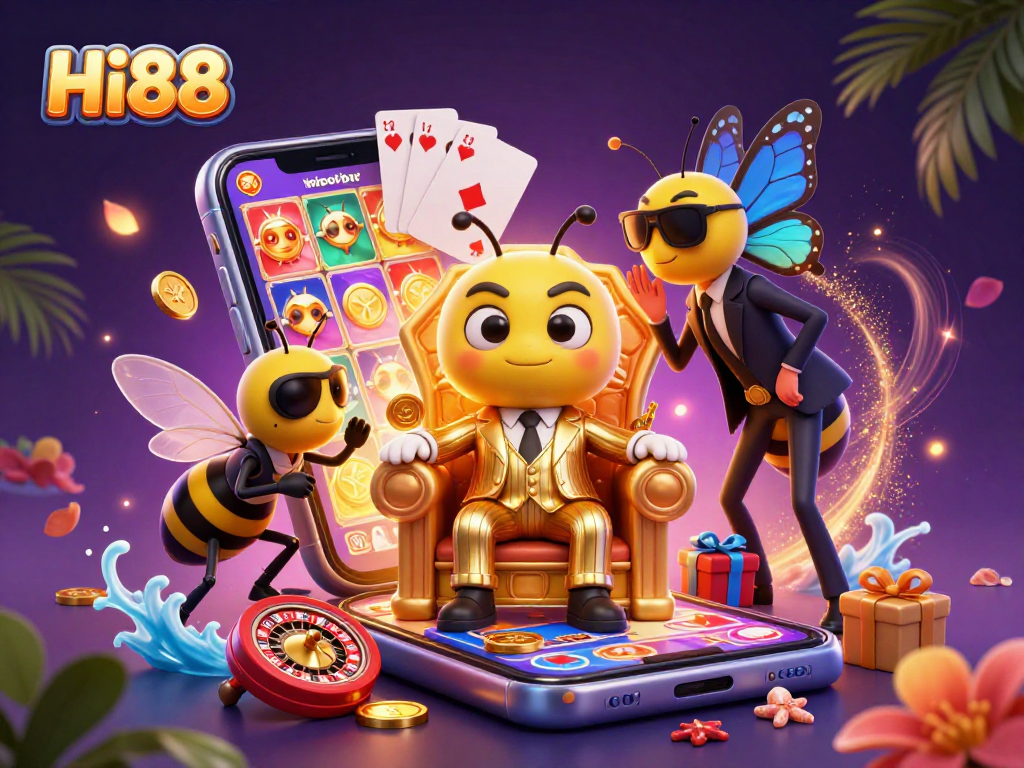 Experience thrilling gaming at Hi88 with our captivating 3D casino illustration featuring dynamic characters and vibrant elements.