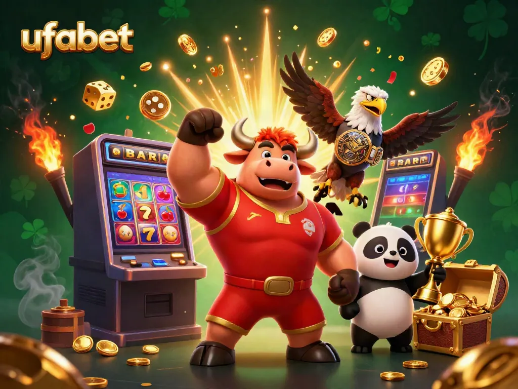 Experience the excitement of ufabet with a dynamic scene featuring a muscular bull, eagle, and panda amidst jackpot symbols and a colorful casino backdrop.