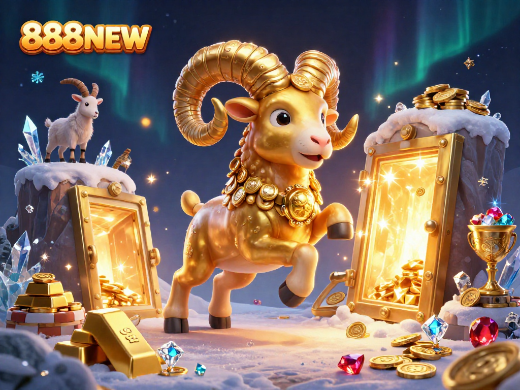 Engage in thrilling gameplay with 888NEW's golden ram charging through rich treasures and casino excitement.