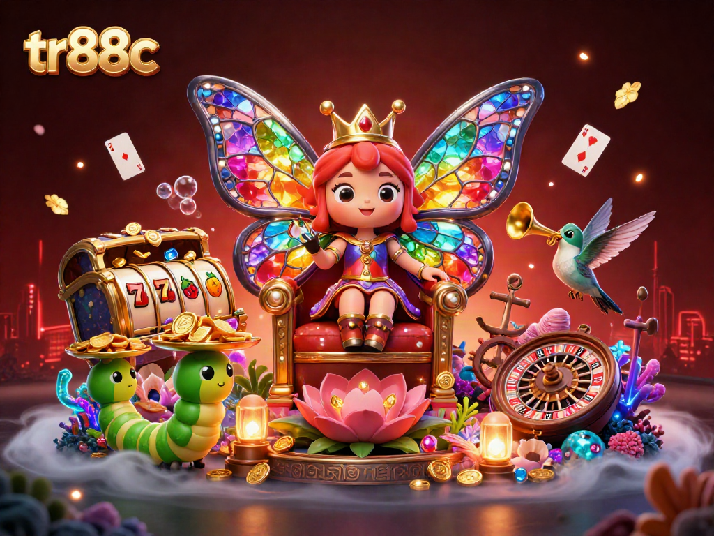 tr88c showcases a lively casino theme with a butterfly queen and vibrant gaming symbols.