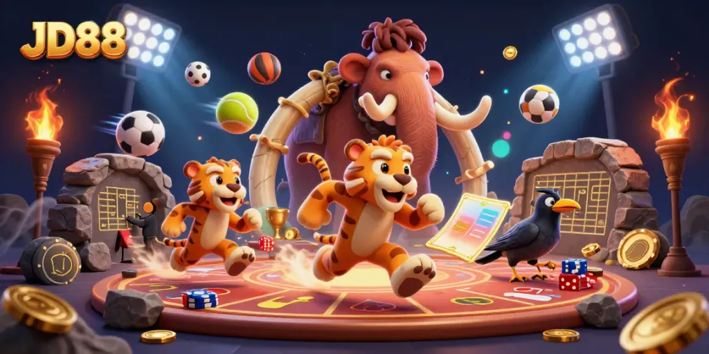 Experience the excitement of JD88 with caveman and tiger duo in a vibrant casino scene.