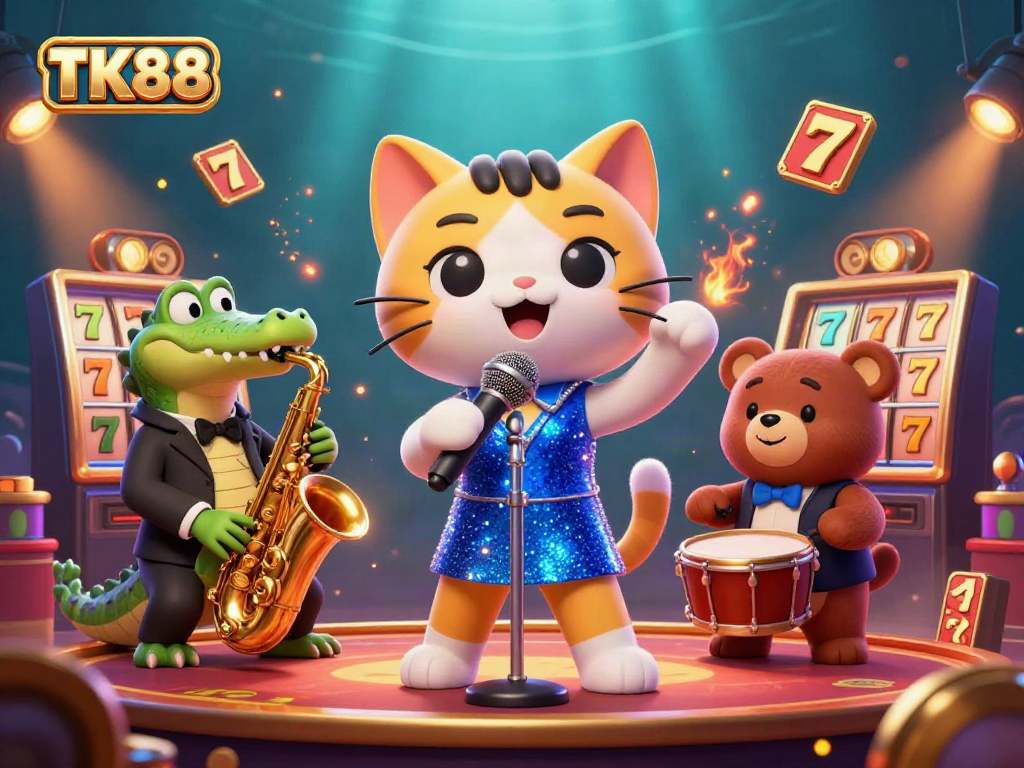 Experience the thrills of TK88 Casino with a vibrant 3D scene of a jazz-singer cat, crocodile, and bear cub.