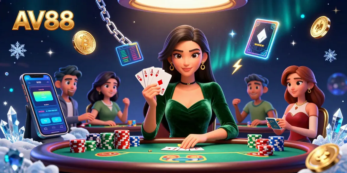 Experience the thrill at AV88 while mastering poker strategies with a glamorous dealer in a vibrant digital casino.