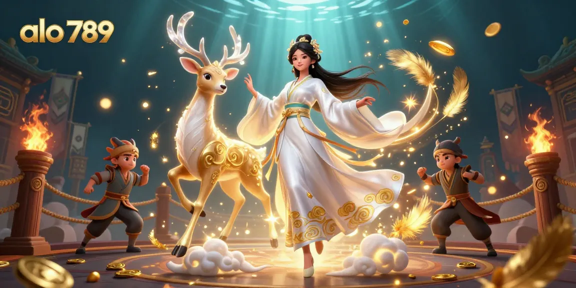 A thrilling scene showcasing alo 789 with vibrant visuals featuring an Asian woman and a celestial deer amidst gambling elements.