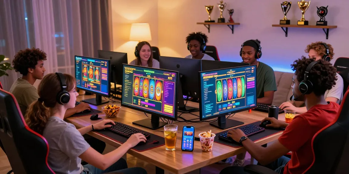 Exciting gaming atmosphere with friends enjoying situs slot deposit 10 ribu online, showcasing vibrant gaming setups.
