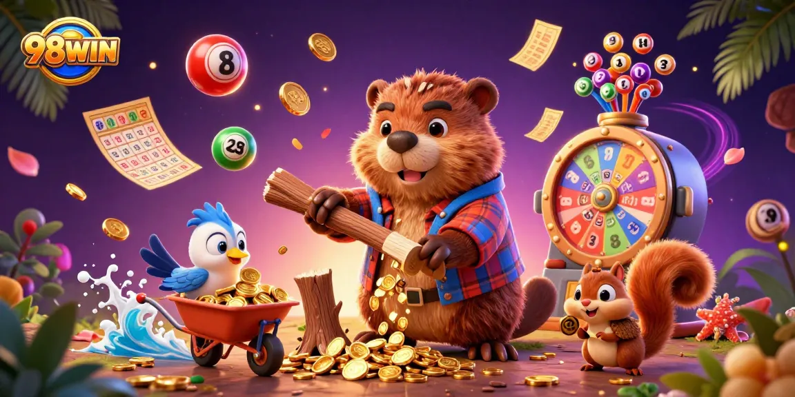 Win exciting prizes with 98WIN as the beaver collects coins amidst a vibrant gaming scene.