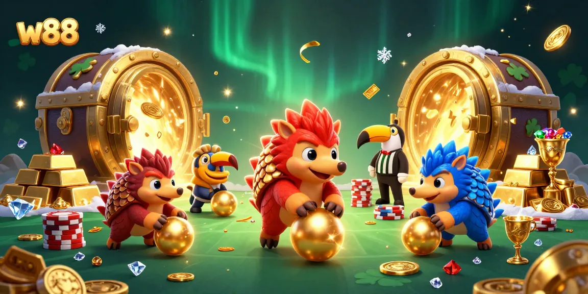 Engage with w88's vibrant gameplay featuring rival pangolins in a casino atmosphere.