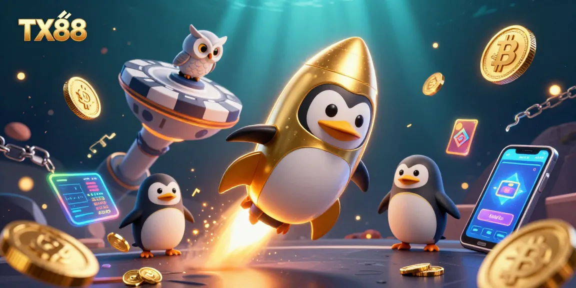 Engage with TX88's thrilling online casino adventure featuring a rocket-powered penguin and crypto elements.