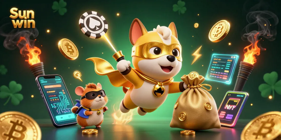Experience thrilling gameplay at Sun win with a vibrant illustration of a heroic dog and hamster in a lively casino.