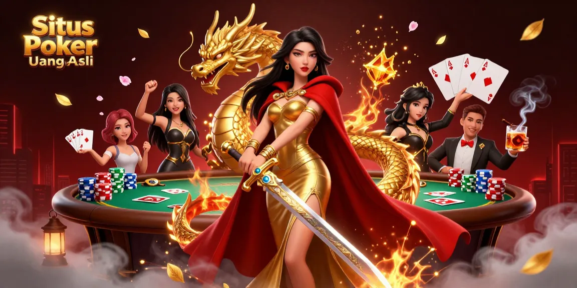 Situs Poker Uang Asli Dewapoker scene featuring a warrior queen holding a sword, poker elements, and dynamic visuals