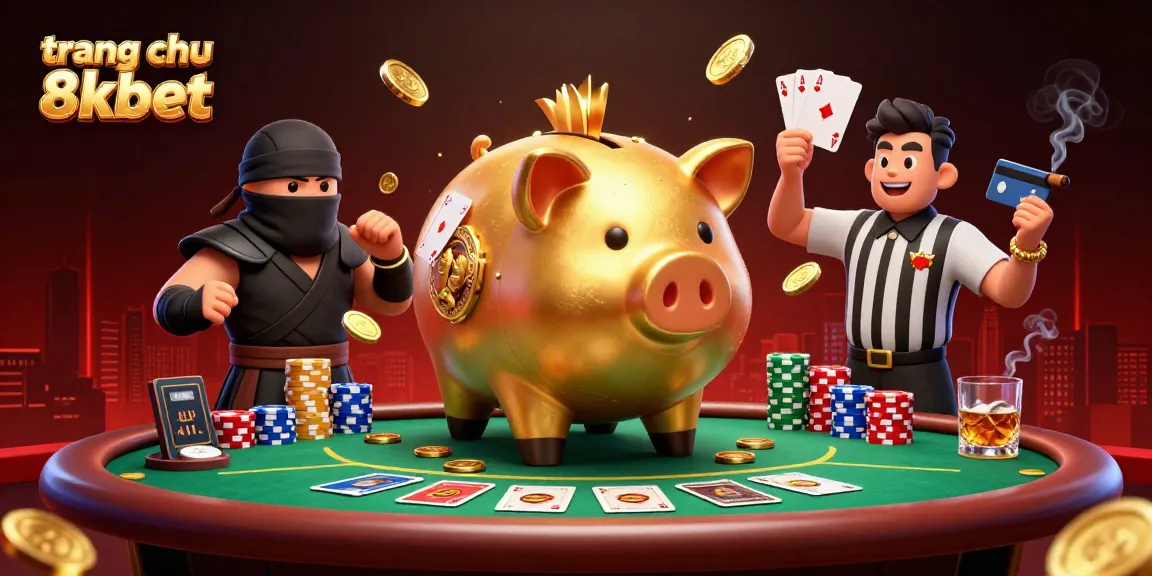 Engage with the dynamic scene showcasing trang chu 8xbet action in a lively casino setting with cartoon characters and poker elements.