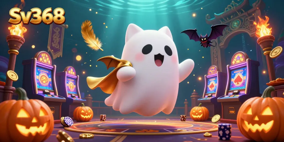 Experience thrilling gameplay at Sv368 with a lively casino scene featuring a friendly ghost cat and bat companion.