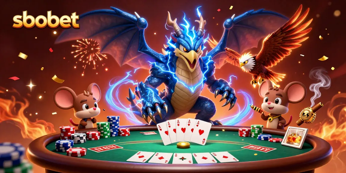 Place bets and win big with sbobet, featuring vibrant 3D casino characters and poker elements.