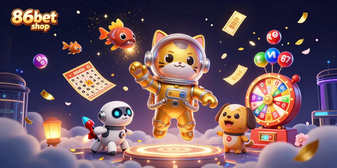 Engage in winning plays at 86bet shop with vibrant lottery elements and a playful cosmic scene.