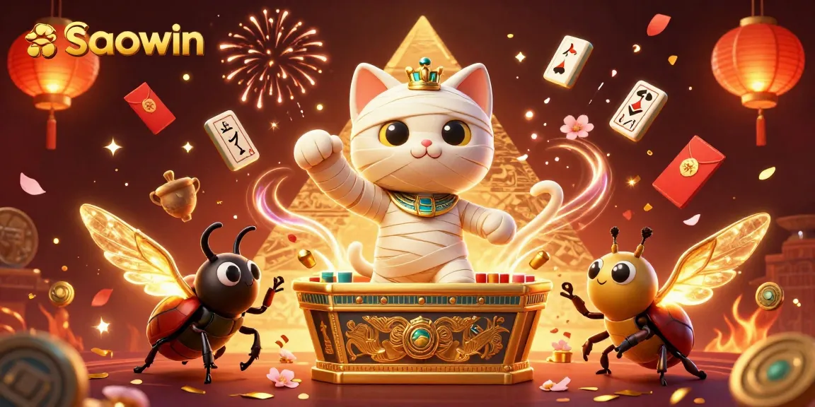 Engage with saowin's vibrant casino atmosphere through a festive 3D illustration featuring a mummy cat and a scarab beetle.