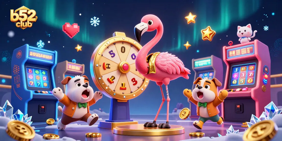 Exciting scene showing b52club's casino experience with animated characters spinning a prize wheel in a vibrant 3D environment.
