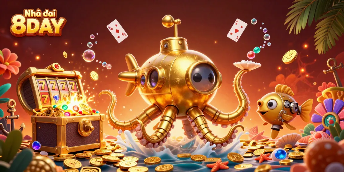 Experience the thrill of Nhà cái 8DAY with a vibrant underwater casino scene full of gold coins and exciting games.