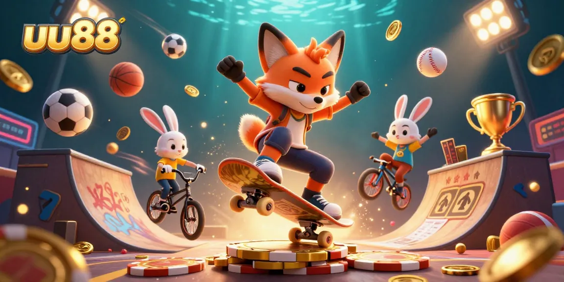 Experience the thrill of uu88 with a skateboard fox and BMX rabbit in a dynamic casino scene.