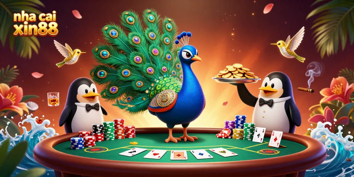 Experience the thrill of nha cai xin88 with vibrant casino elements, including poker sets and characters.