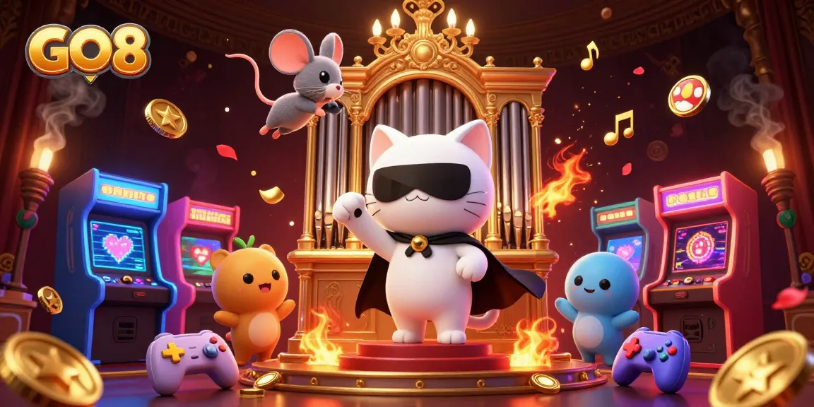Experience GO 8 with a vibrant casino scene featuring a phantom cat and arcade elements.