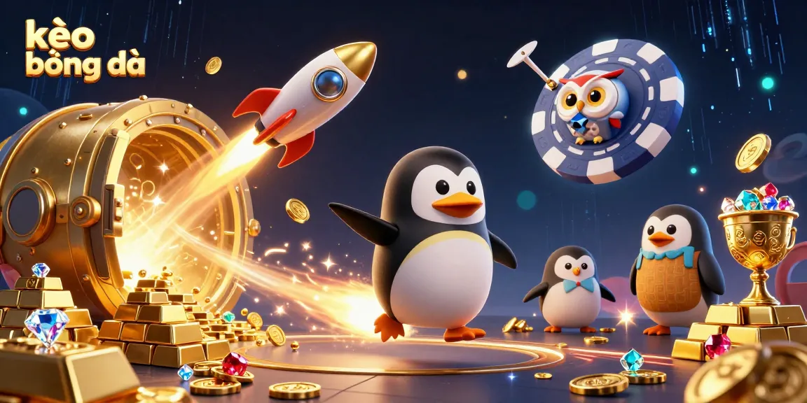 Experience kèo bóng đá excitement with a rocket-powered penguin and treasures in a vibrant casino scene.