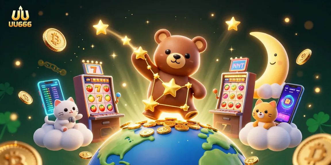Experience thrilling slots with UU666 in this vibrant 3D casino illustration featuring golden stars and crypto coins.