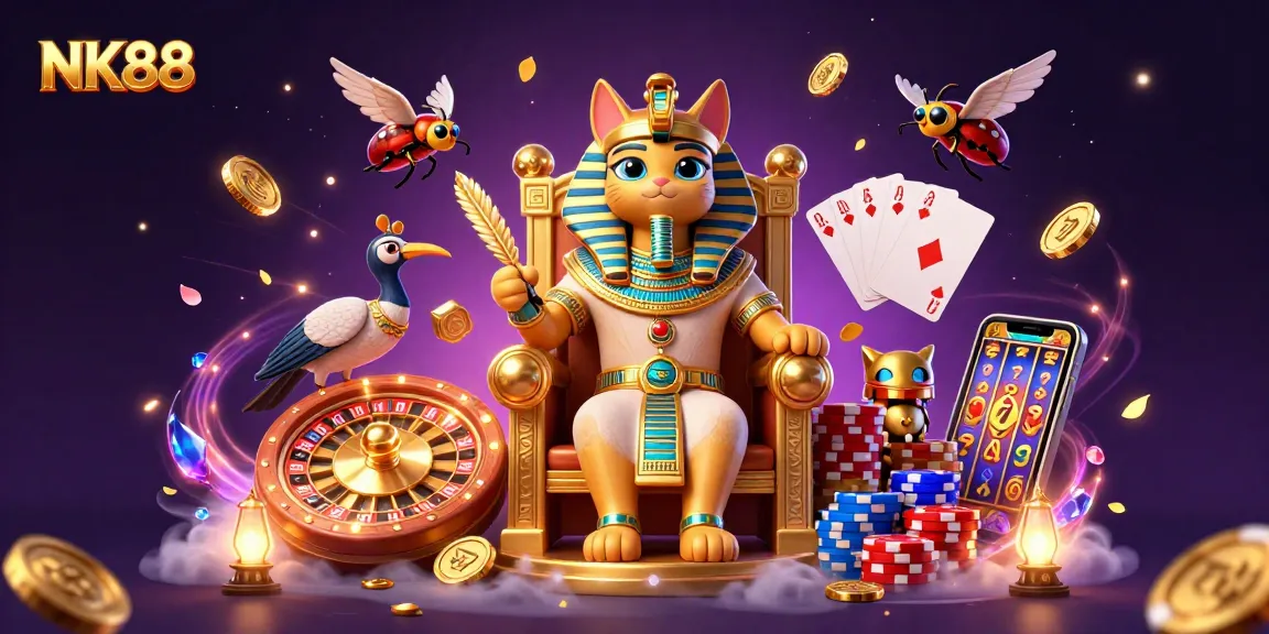 Experience thrilling gambling with the NK88 Egyptian pharaoh cat in an exciting online casino scene.