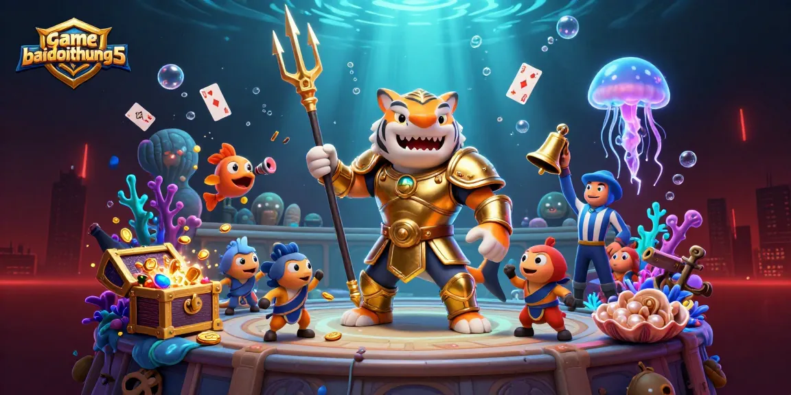 Engage in thrilling gameplay at gamebaidoithuong5 with a vibrant underwater casino scene featuring a tiger shark gladiator.