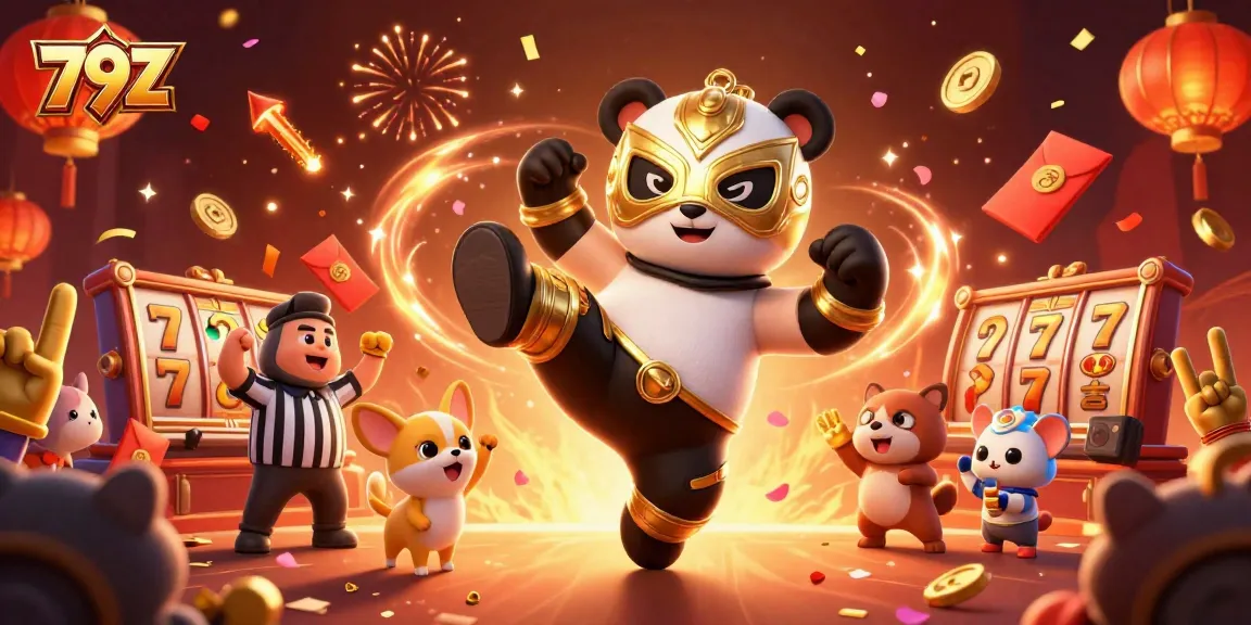 Engage with the excitement of 79Z by witnessing a panda wrestler flying through a carnival of slots and fireworks.