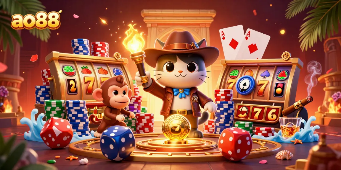 Experience excitement at ao88 with a cartoon cat discovering golden casino treasures in a dynamic scene.